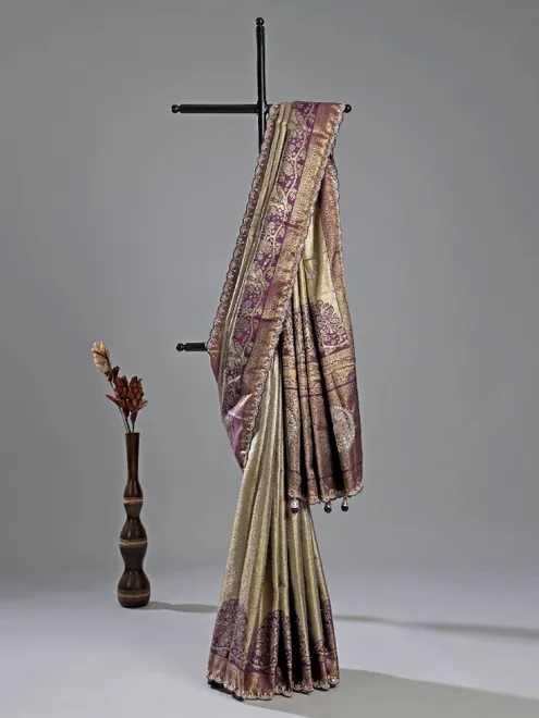 Purple printed cotton silk saree with wedding shine
