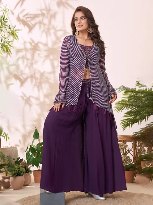 Purple printed jacket style palazzo suit in georgette