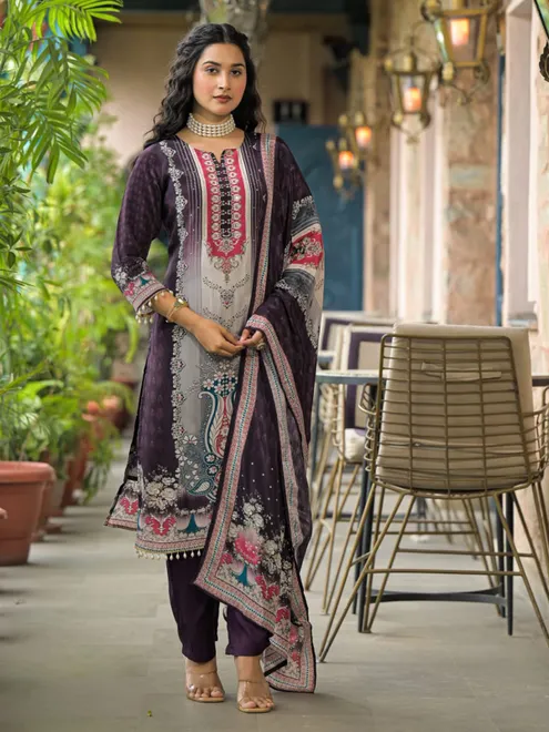 Purple printed kurti set with dupatta for women