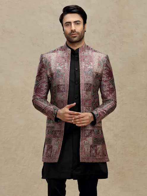 Purple printed silk indo western for mens