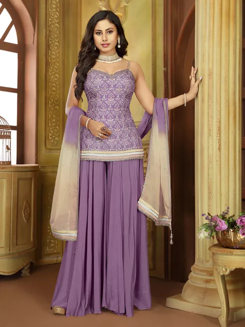 Purple printed silk palazzo suit for festive celebration