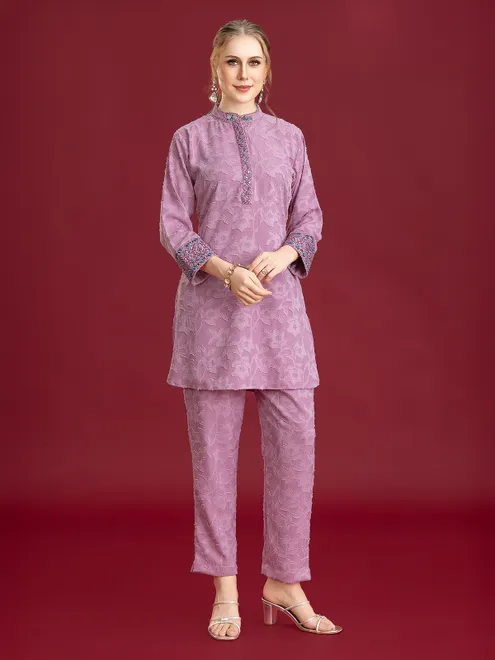 Purple printed silk pant co-ord for casual wear