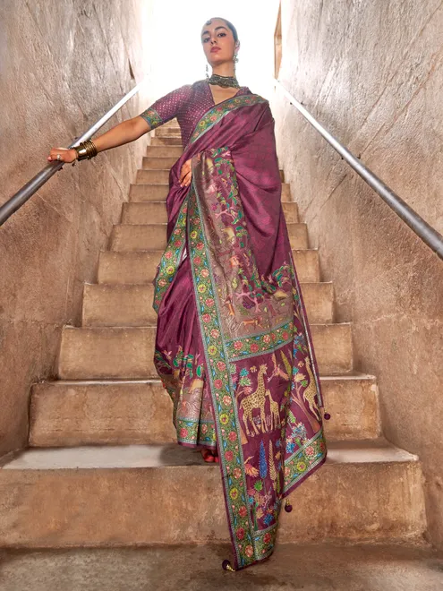 Purple printed silk saree festive celebration