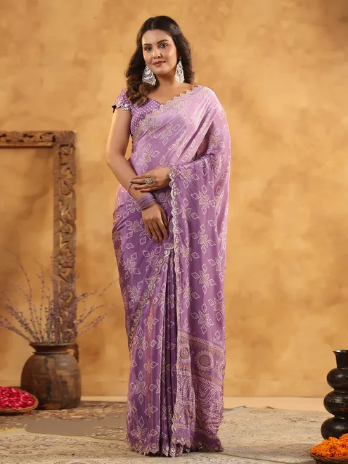 Purple printed silk saree for festive gatherings