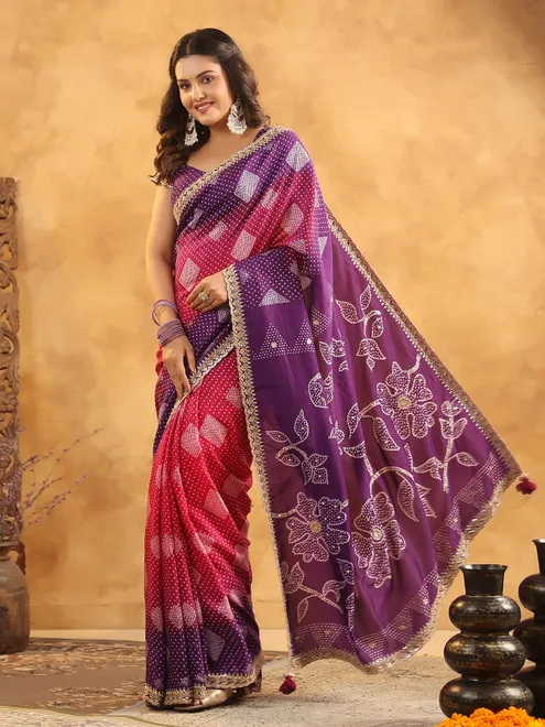 Purple printed silk saree for wedding occasions