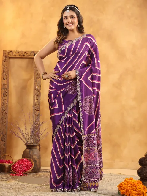 Purple printed silk saree with shimmering sequins
