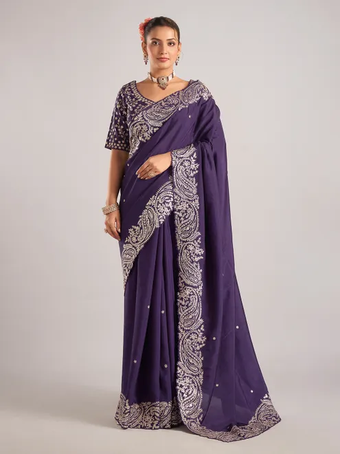 Purple pure dola silk saree with mirror embellishments