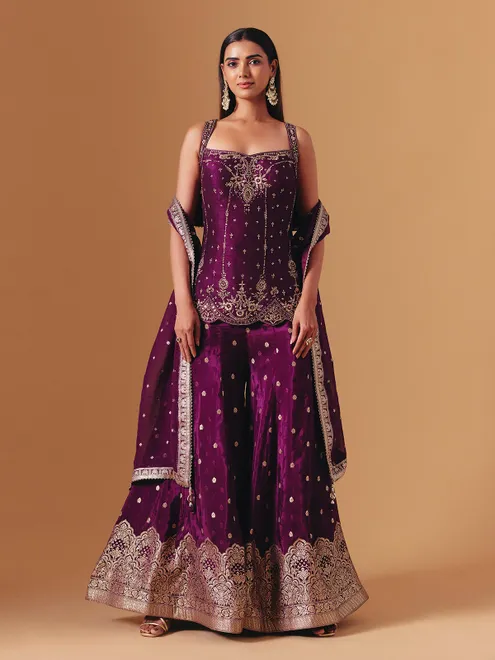Purple raw silk embroidered palazzo suit with elegant festive dupatta