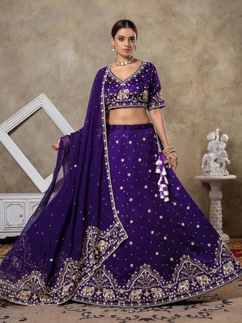 Purple raw silk lehenga choli with dupatta set