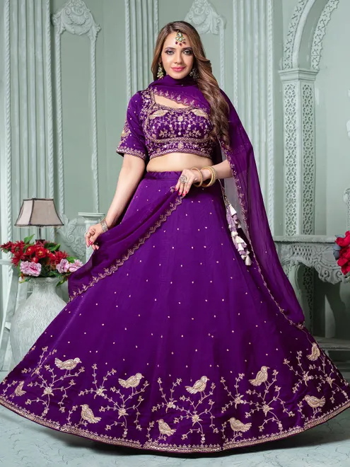 Purple raw silk lehenga choli with sweetheart neck