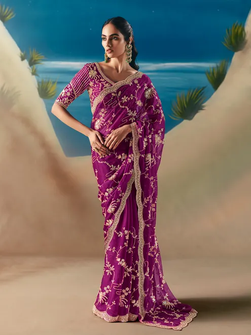 Purple satin organza embellished saree