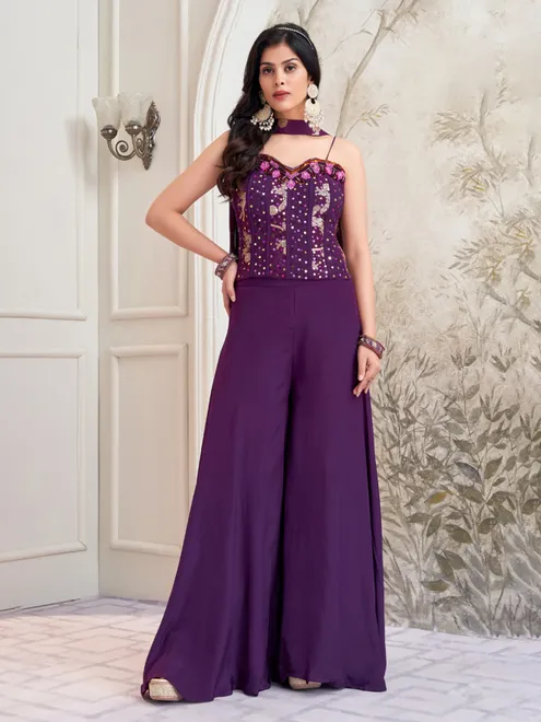 Purple satin silk embellished palazzo suit