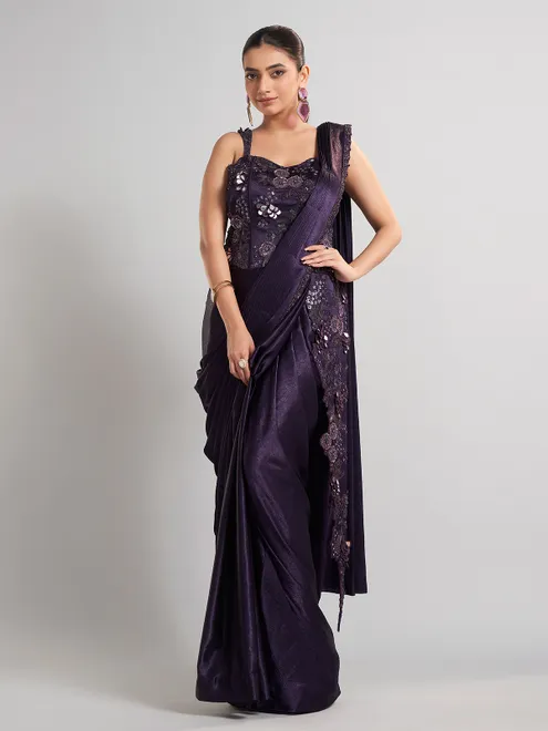Purple satin silk ready to wear saree for wedding functions