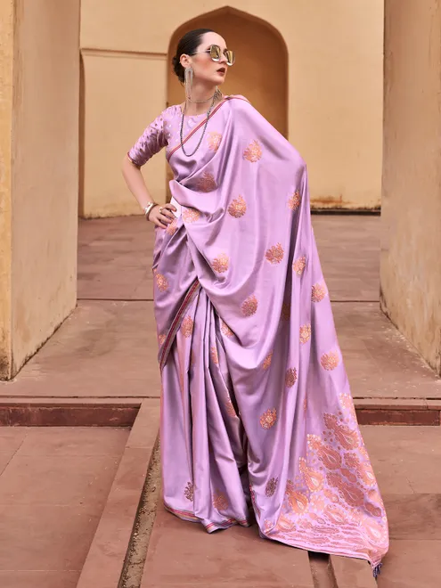 Purple satin silk saree with radiance