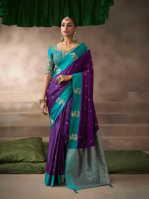 Purple satin silk saree with traditional charm
