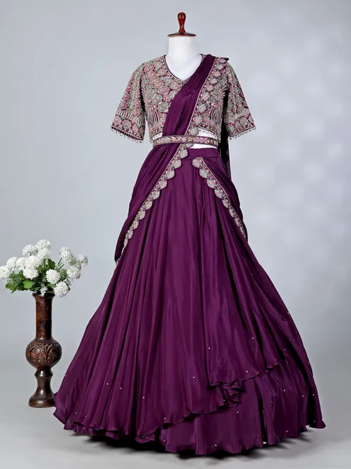 Purple satin silk U neck lehenga choli with dupatta