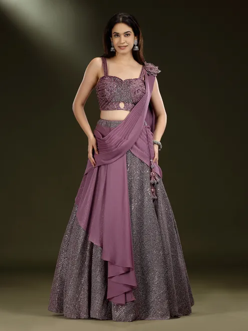 Purple sequins designer lehenga choli with attached dupatta