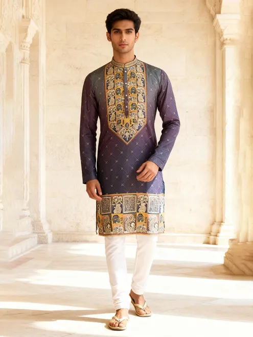 Purple shaded daman printed cotton silk kurta suit