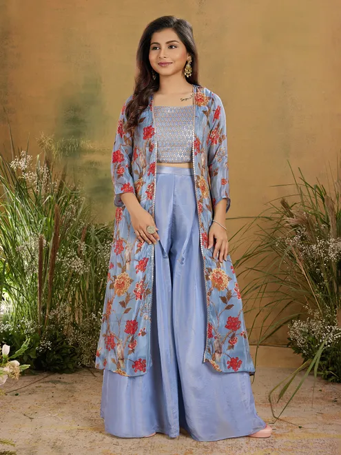 Purple shimmer silk shrug salwar suit