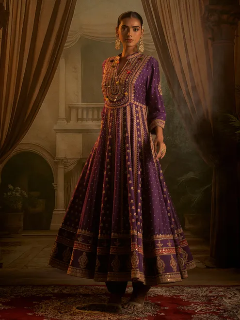 Purple silk anarkali suit for wedding wear