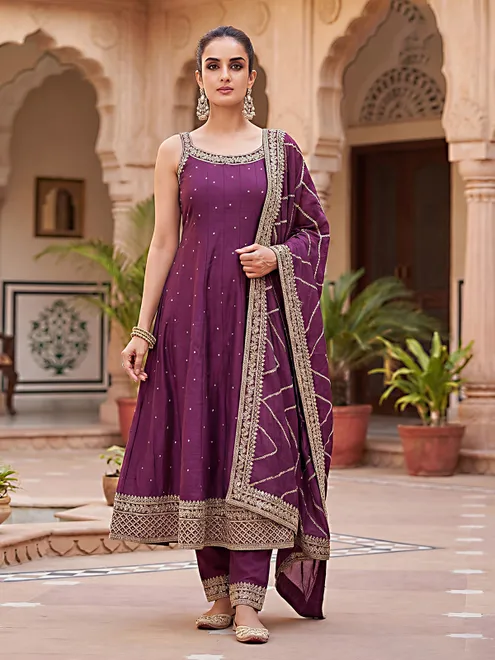 Purple silk anarkali suit with sequin embellishment