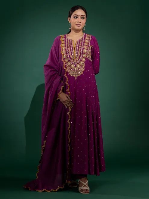 Purple silk anarkali suit with zardosi and cutdana detailing