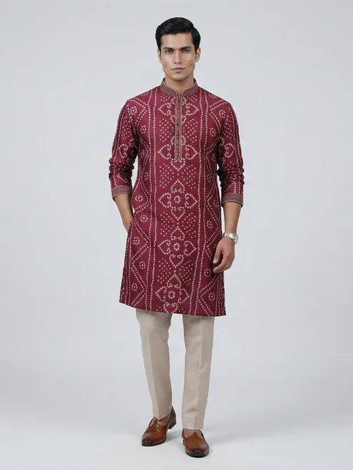 Purple silk bandhej printed festive kurta suit