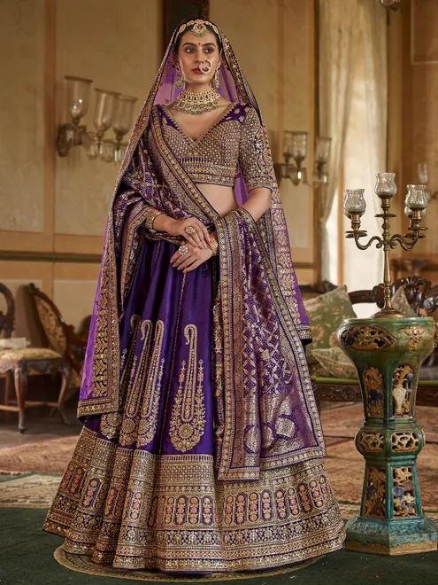 Purple silk bridal lehenga choli with rich sequins detailing