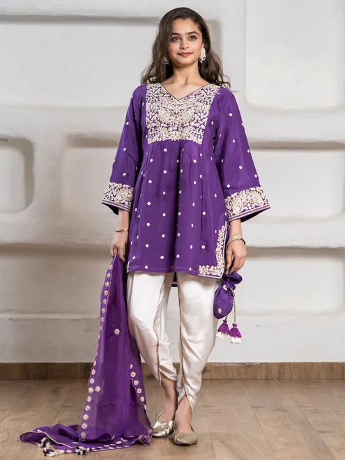Purple silk dhoti suit with aabla and embroidery