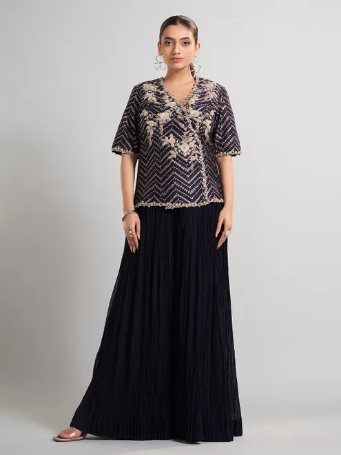 Purple silk embellished palazzo suit for wedding wear