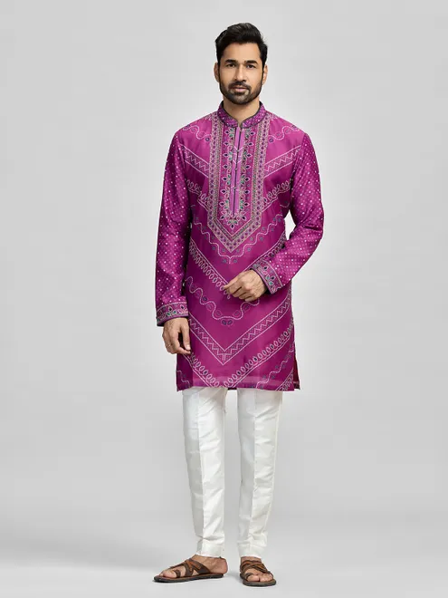 Purple silk embroidered bandhani festive kurta suit