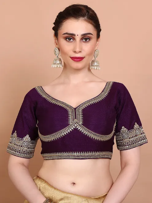 Purple silk embroidered blouse with sweetheart neck