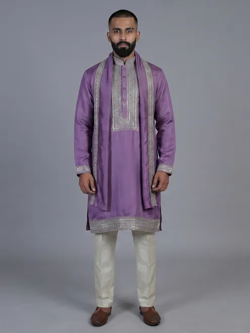 Purple silk embroidered festive kurta suit with dupatta