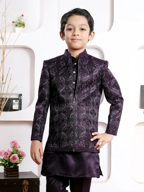 Purple silk embroidered indo western set