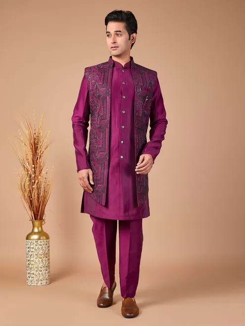 Purple silk embroidered indowestern set jacket ensemble