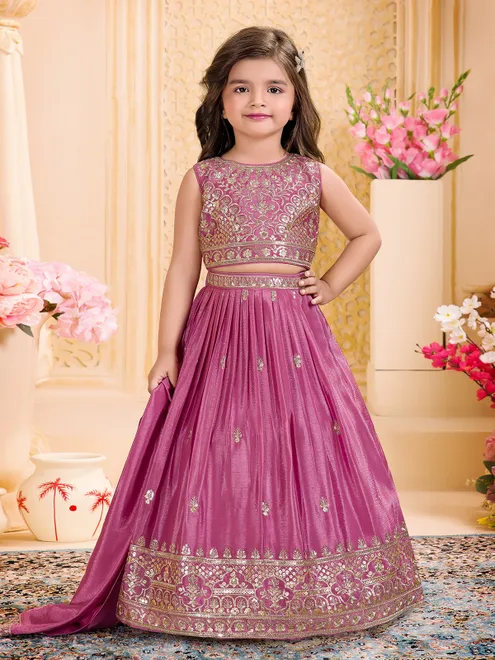 Purple silk embroidered sleeveless lehenga choli with dupatta