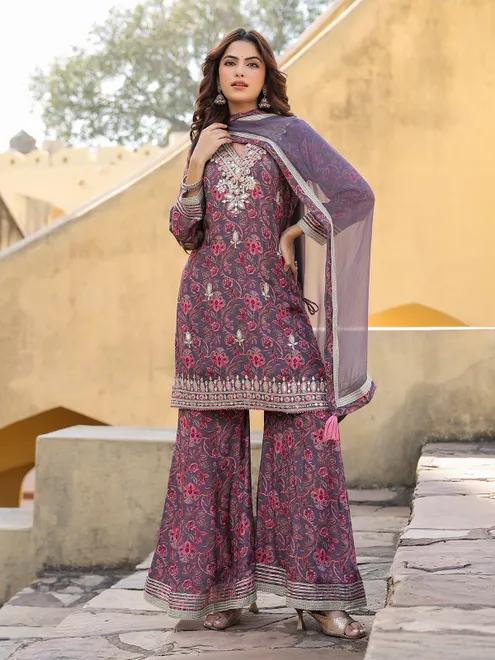 Purple silk floral kurti palazzo outfit