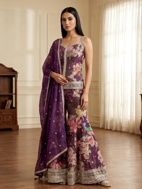 Purple silk floral pakistani palazzo suit with dupatta