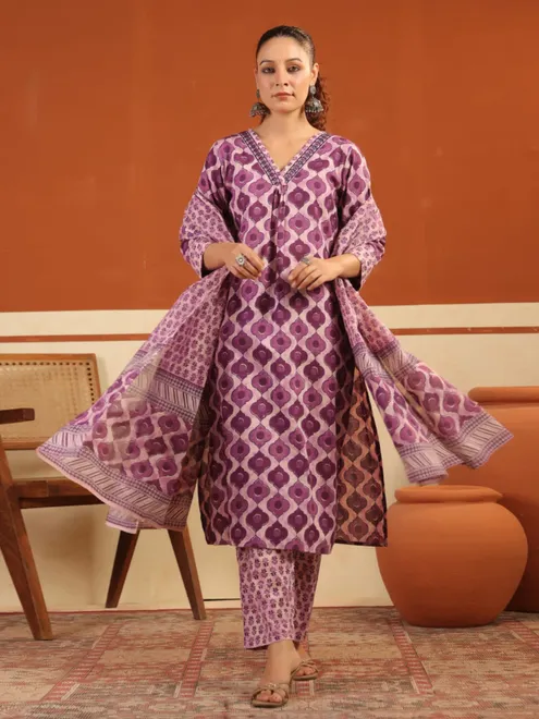 Purple silk floral printed festive kurti set with dupatta
