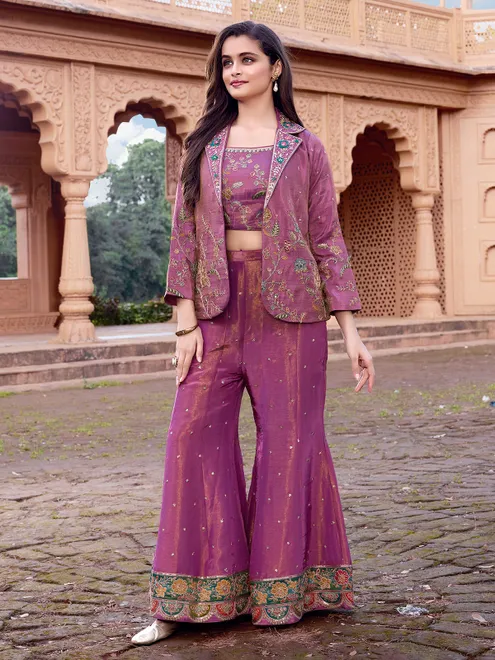 Purple silk jacket style palazzo suit for girls