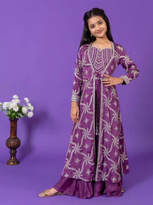 Purple silk jacket style palazzo suit for girls wedding wear