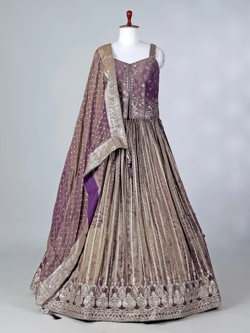 Purple silk lehenga choli with mirror work