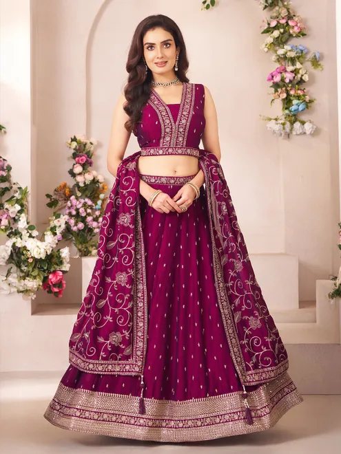 Wine silk lehenga choli with regal festive allure