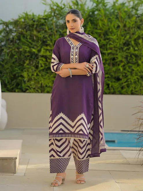 Purple silk mirror embellished kurti set