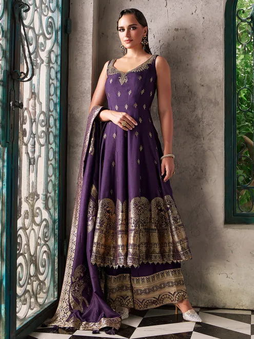 Purple silk pakistani palazzo suit with artisanal luxe detailing