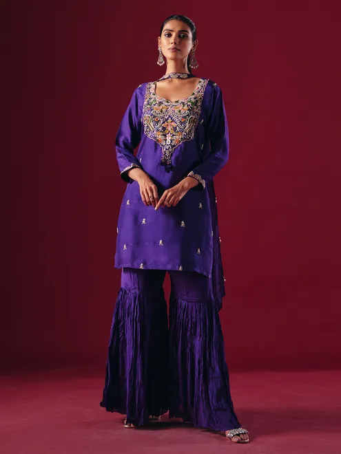 Purple silk pakistani sharara suit