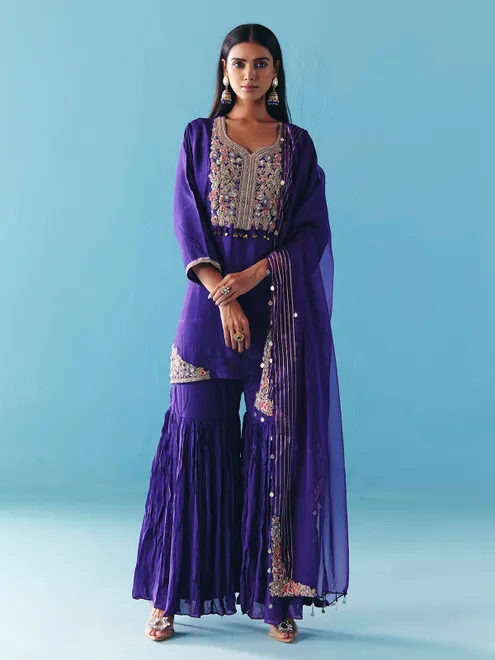 Purple silk pakistani sharara suit with dupatta