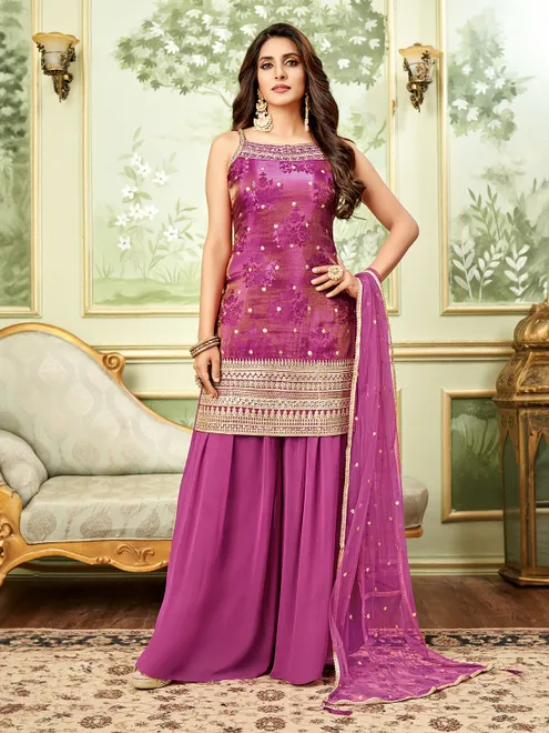 Purple silk palazzo suit with aabla embellishment