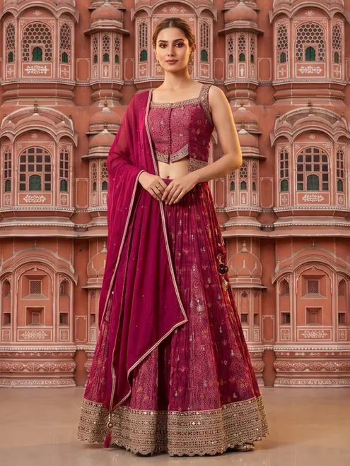 Purple silk palazzo suit with intricate detailing