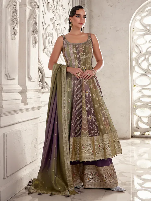 Purple silk palazzo suit with stone and zardosi radiance